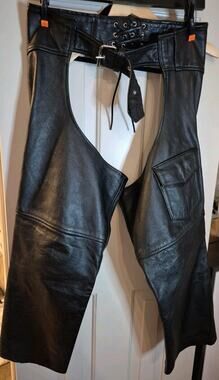 MOB Hand-tooled Leather Chaps Biker Black Horse Riding Motorcycl Size L USA Made
